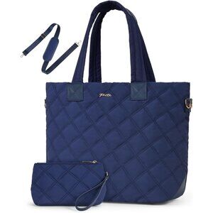 Womens Blue Puffer Shoulder Tote Quilted Work Bag Laptop Sleeve Compartment